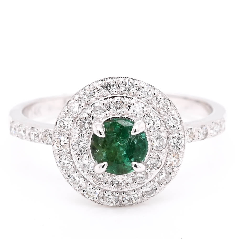 14KT White Gold Emerald & Diamond double Halo Set Ring.
Diamonds: 0