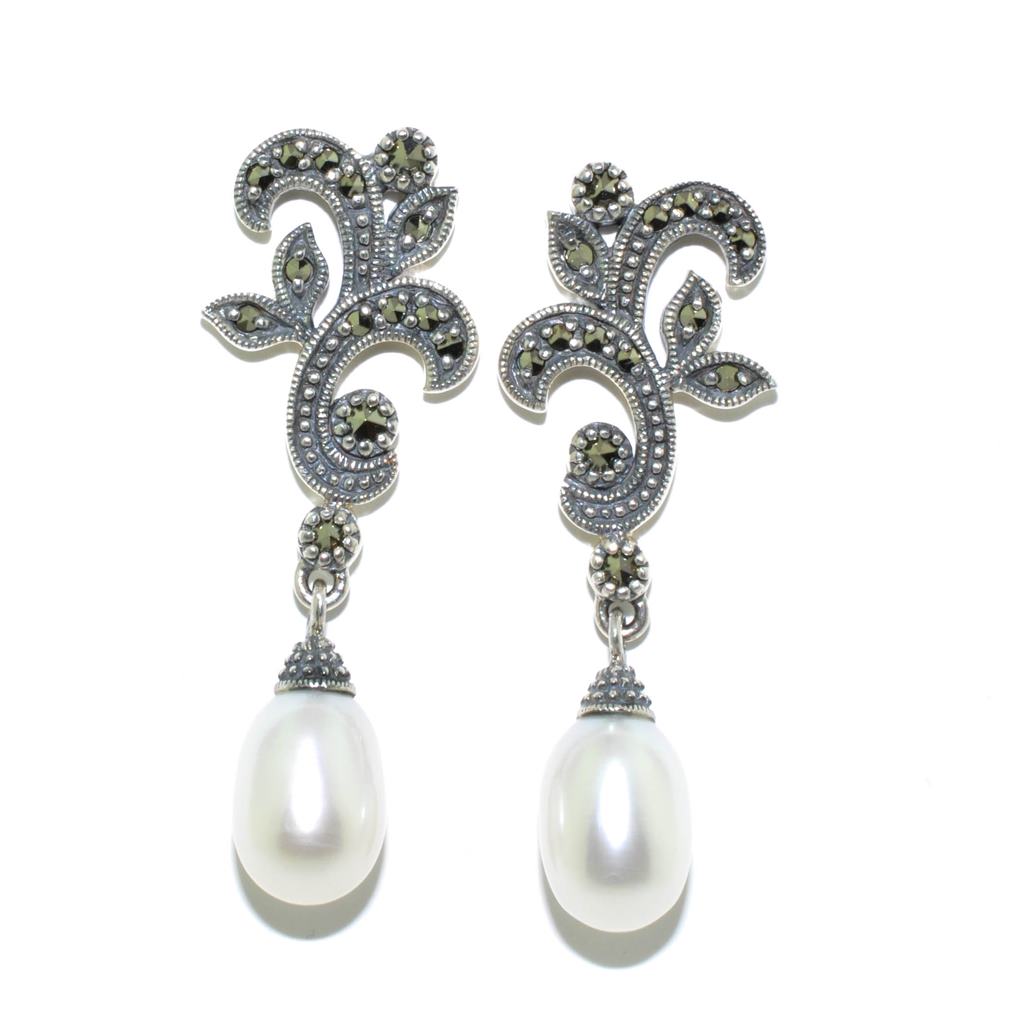 Larus Sterling Silver Pearl and Marcasite Earrings.