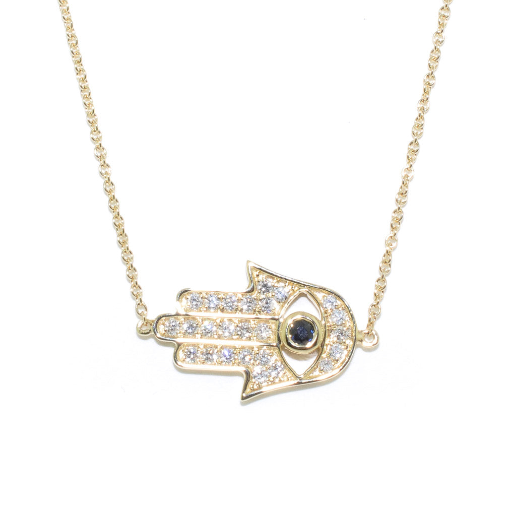 14KT Yellow Gold 18" 0.28CTW Diamond Hamsa Necklace.