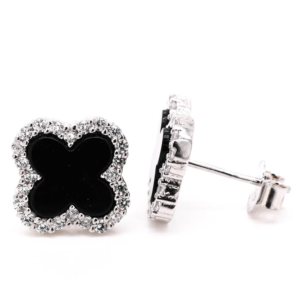 Sterling silver Onyx C.Z Clover Stud Earrings.