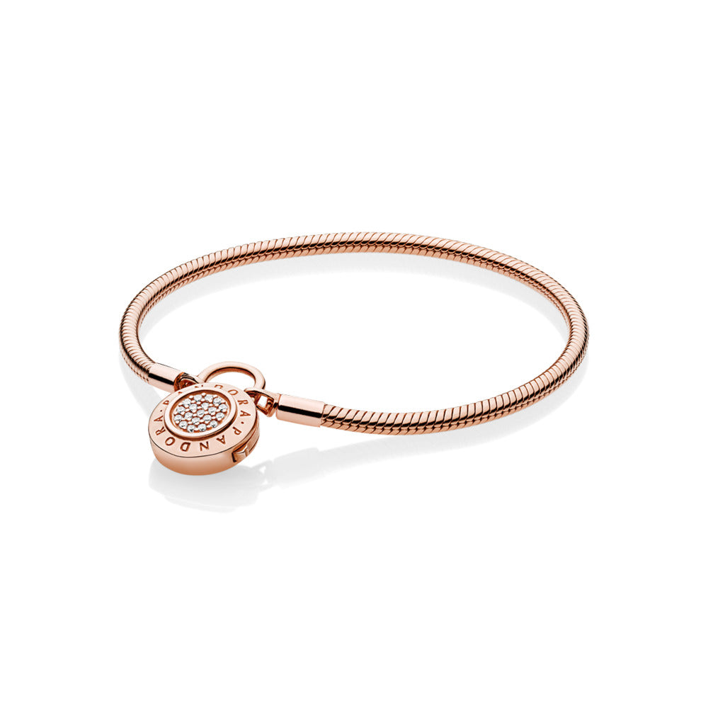 Smooth PANDORA Rose Bracelet, Signature Padlock, Clear CZ