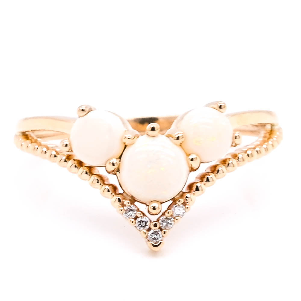 10KT Yellow Gold White Opal & Diamond Chevron Ring.