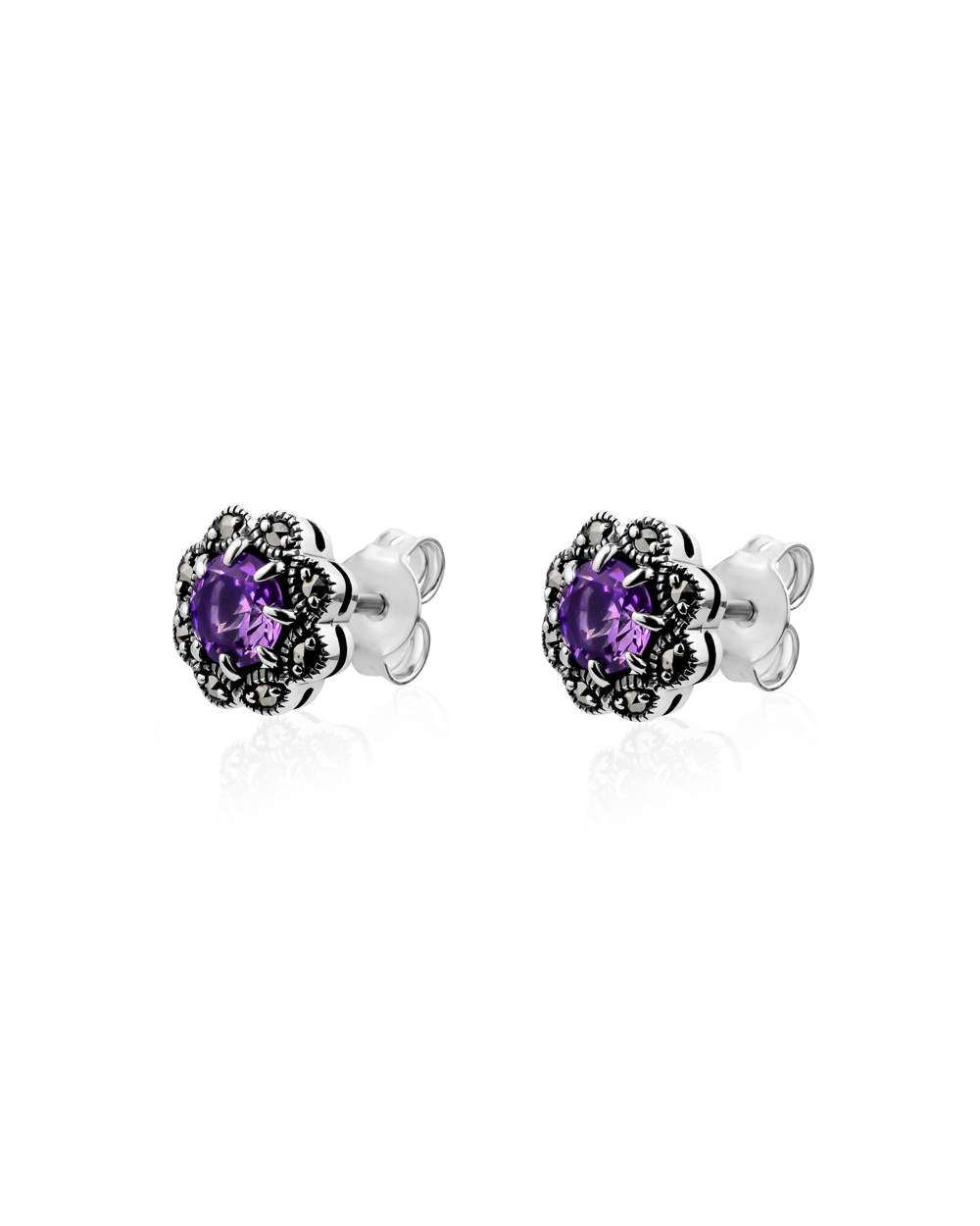 Larus Sterling Silver Marcasite & Amethyst Stud Earrings.