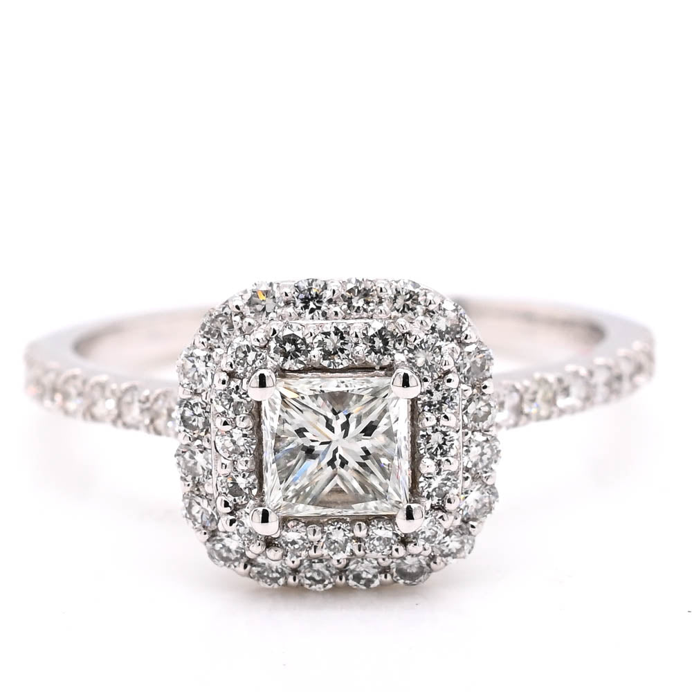 14KT White Gold 0.92CTW Princess Cut Canadian Diamond Double Halo Engagement Ring.