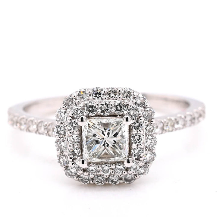 14KT White Gold 0.92CTW Princess Cut Canadian Diamond Double Halo Engagement Ring.