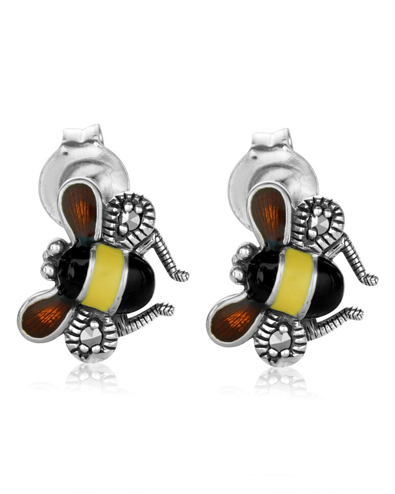 Larus Oxidized Sterliver Marcasite Bee Stud Earrings.