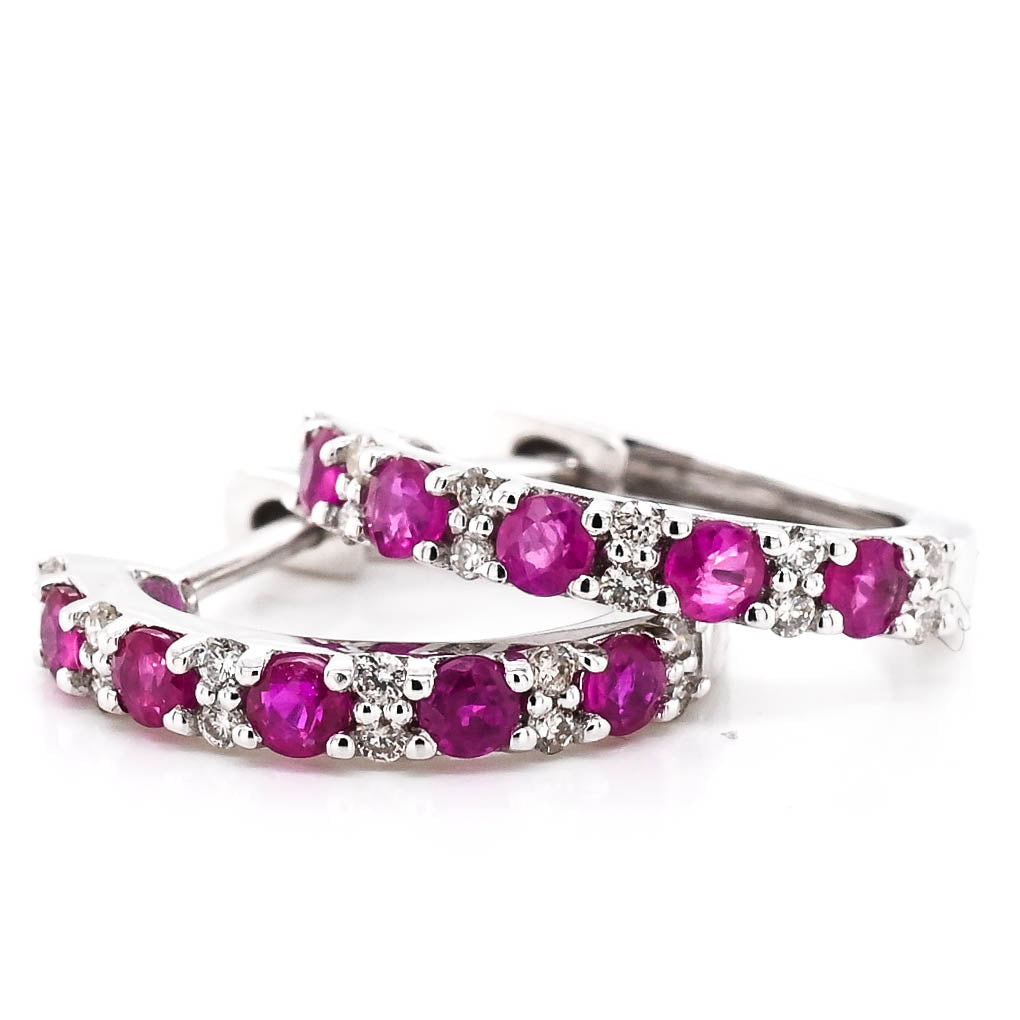 10KT White Gold 0.70CTW Ruby & Diamond Huggie Earrings.
