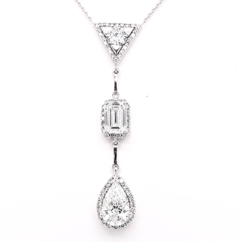 10KT White Gold 18" 2.55CTW Pear , Emerald and Round Shape Lab Grown Diamond Drop Necklace.