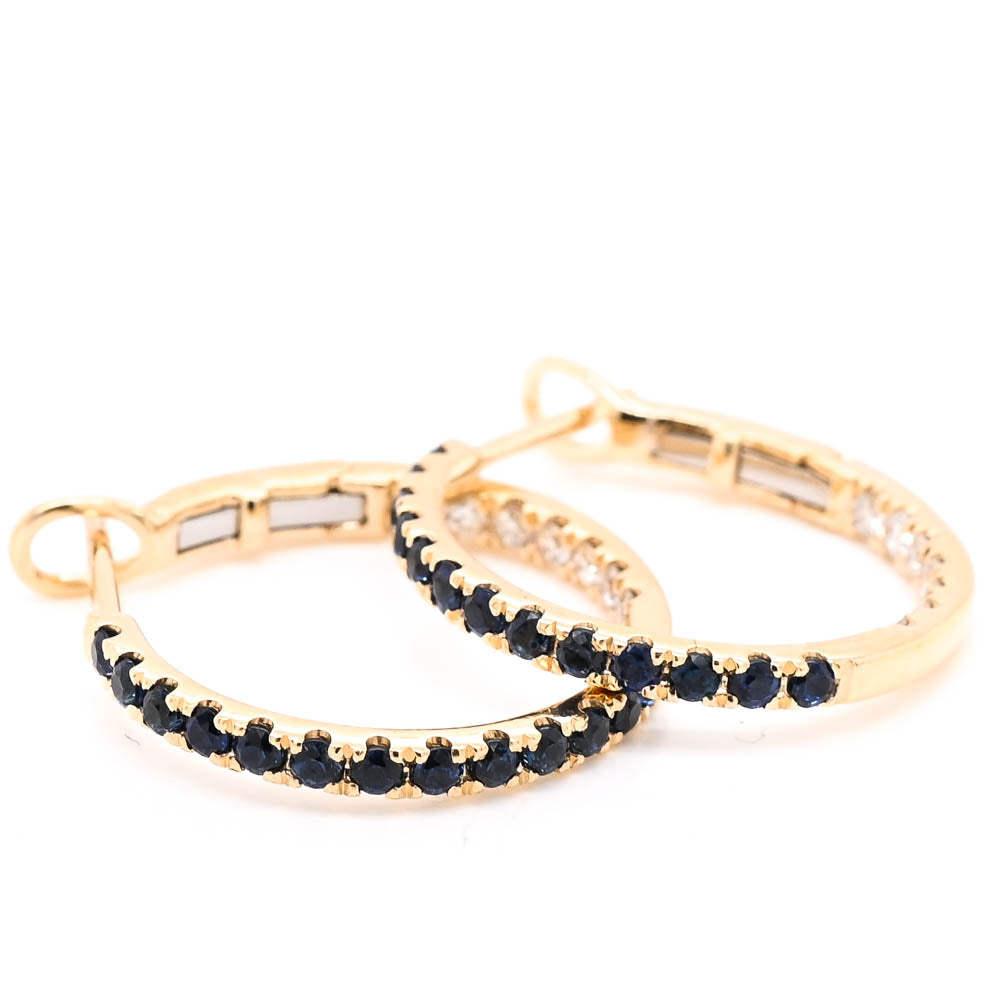 14KT Yellow Gold 0.51CTW Blue Sapphire & Diamond Hoop Earrings.