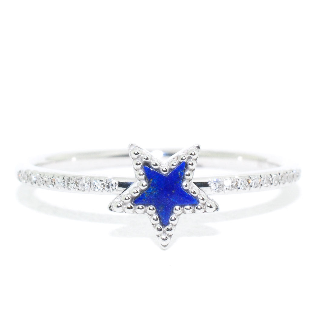 14KT White Gold Lapis and Diamond Star Ring.
