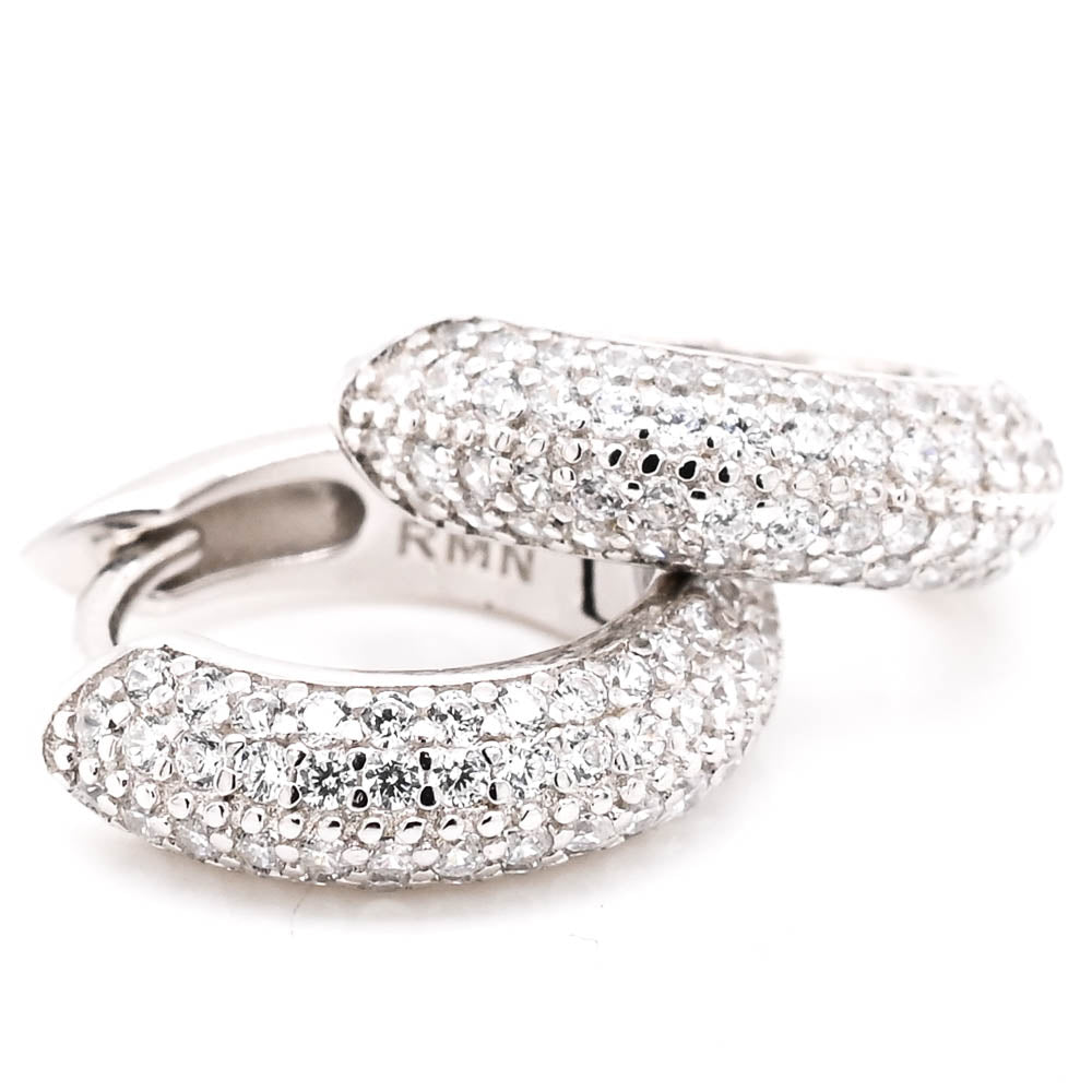 Sterling Silver 15mm Pave Set C.z Huggies Earrings.