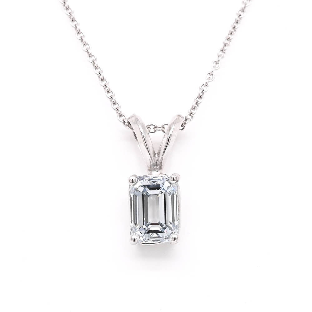 14KT White Gold 18" 1.00CT Emerald Lab Grown Diamond Soliatire Necklace.
