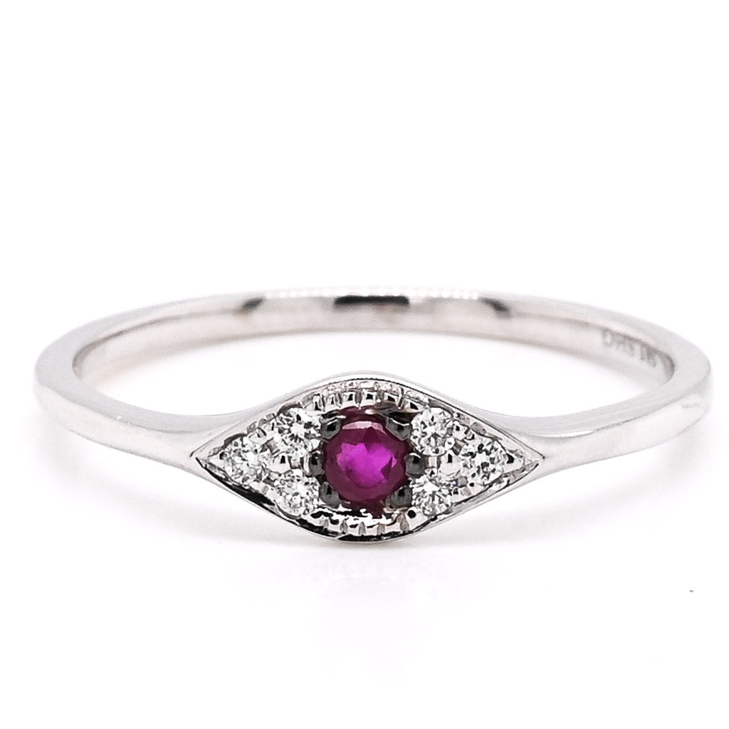 14KT White Gold 0.05CT Round Ruby & Diamond Evileye Ring.