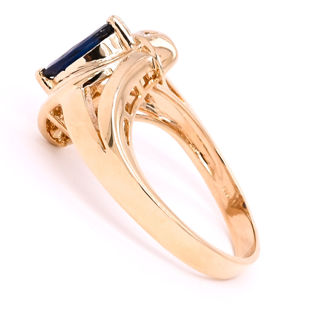 14KT Yellow Gold 0.43CT Marquise Shaped Blue Sapphire and Diamond Ring.