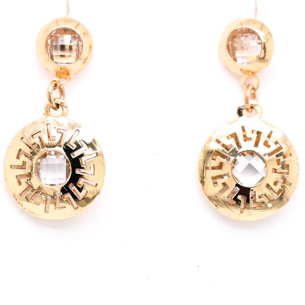 10KT Yellow Gold C.Z Greek Key Dangle Earrings.