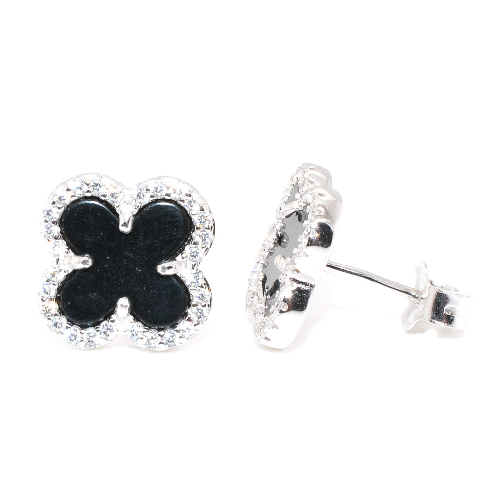 Sterling Silver Black Onyx & C.Z Clover Earrings.