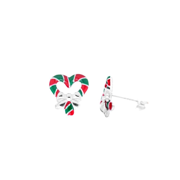 Sterling Silver Enamel Romantic Candy Cane Stud Earrings.