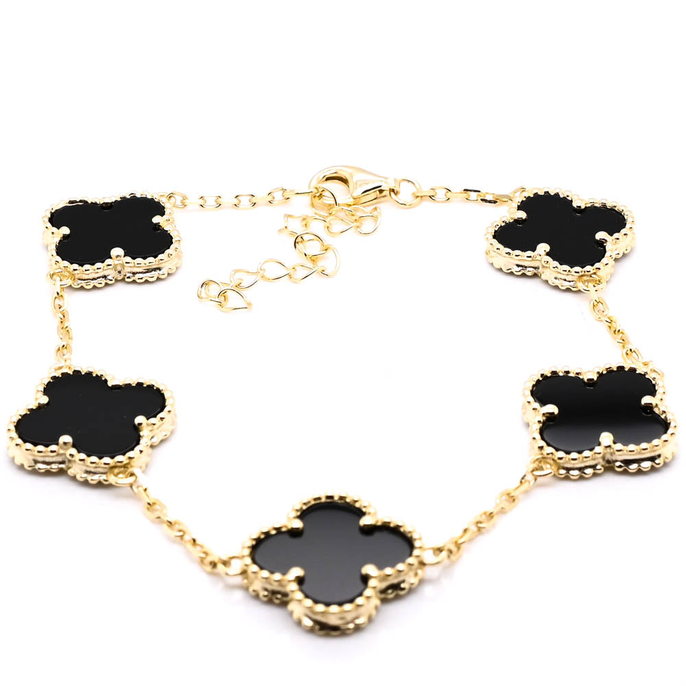 Sterling Silver 14KT Yellow Gold Plated 8" Black Onyx Flower Bracelet.