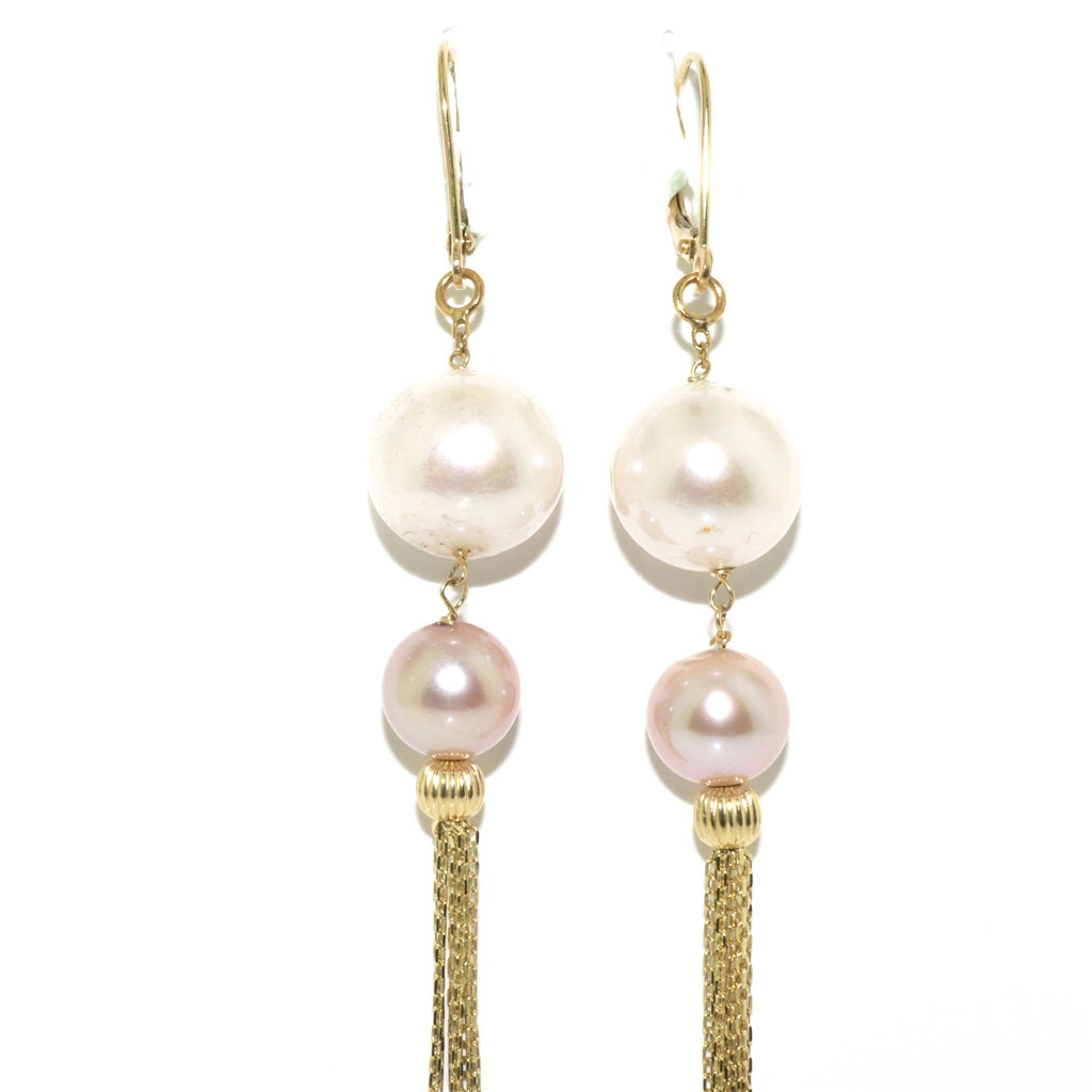 14KT Yellow Gold 8.5-12mm Pearl Tassel Earrings.