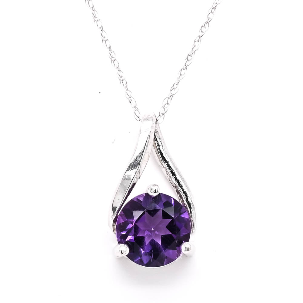 10KT White Gold 18" Round Brilliant Amethyst Drop Necklace.