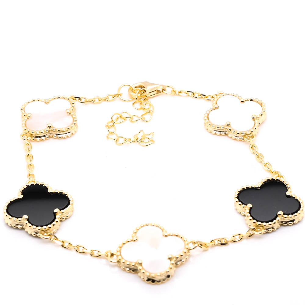 Sterling Silver Yellow Gold Plated 8" Black Onyx & Mother of pearl Flower Bracelet.
