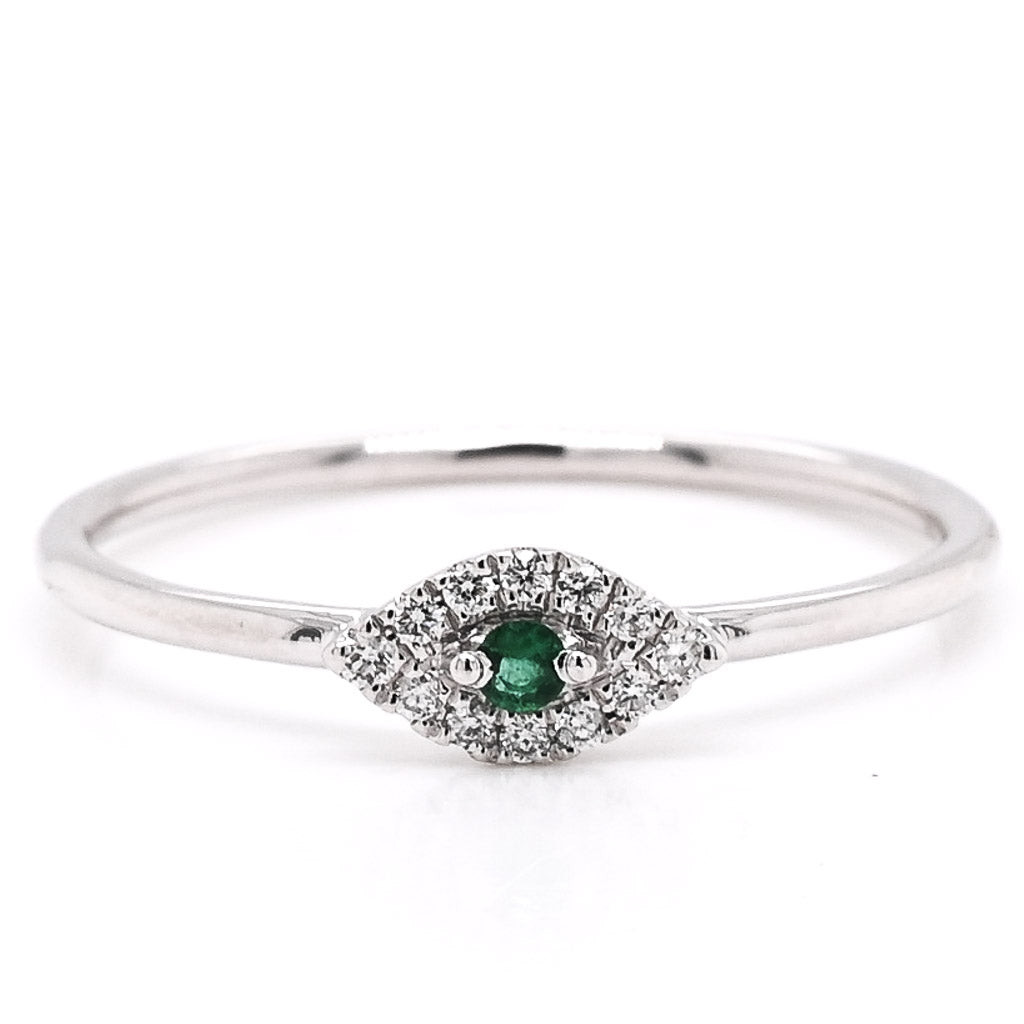14KT White Gold 0.03CT Round Emerald & Diamond Evileye Ring.