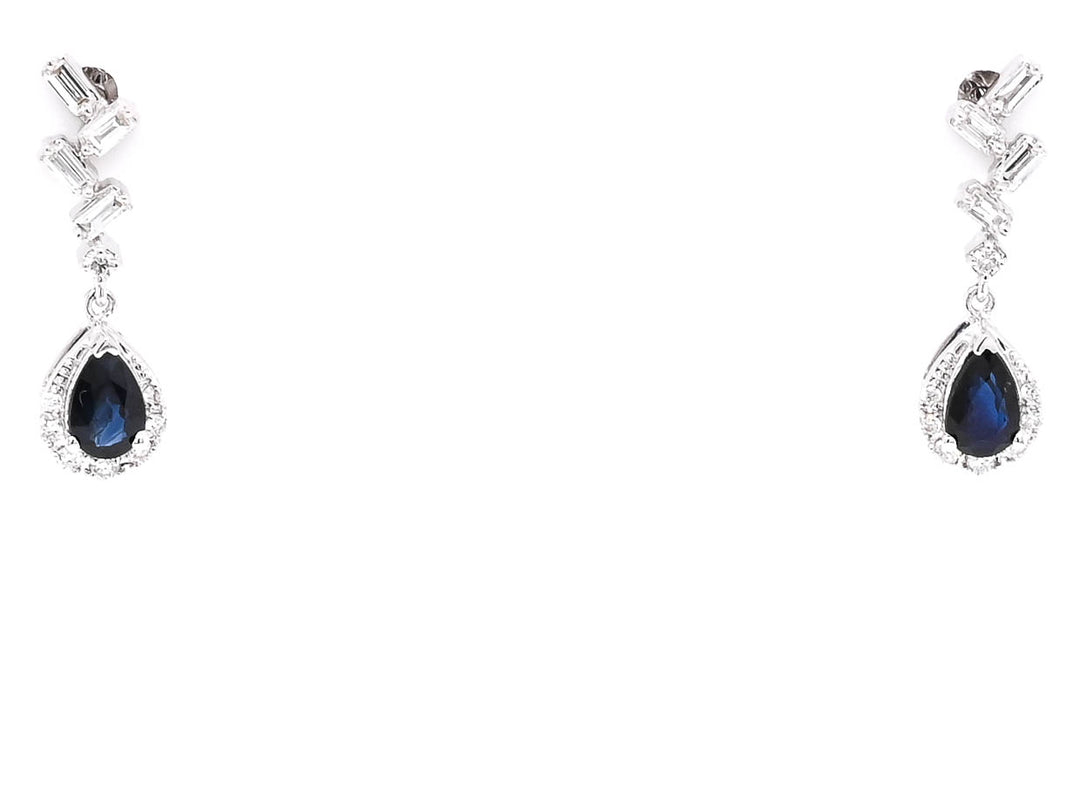14KT White Gold 0.54CTW Peaar shape Blu Sapphire & Diamond Drop Earrings.