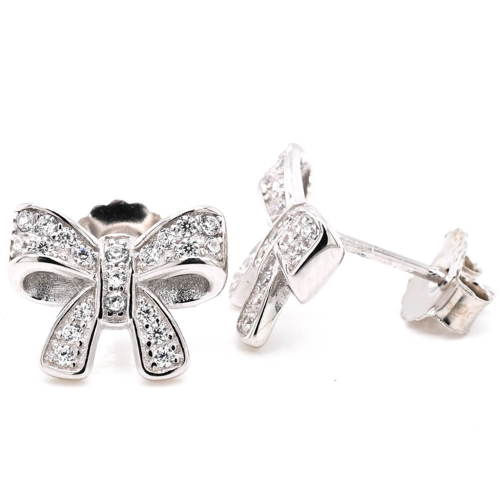 Sterling Silver C.Z Bow Stud Earrings.