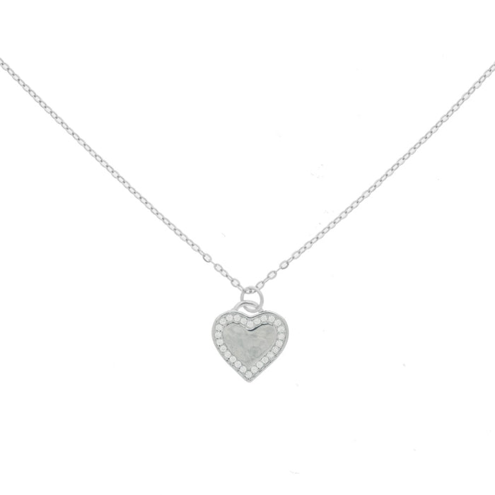 Sterling Silver Rhodium Plated 18" CZ Heart Border Necklace.