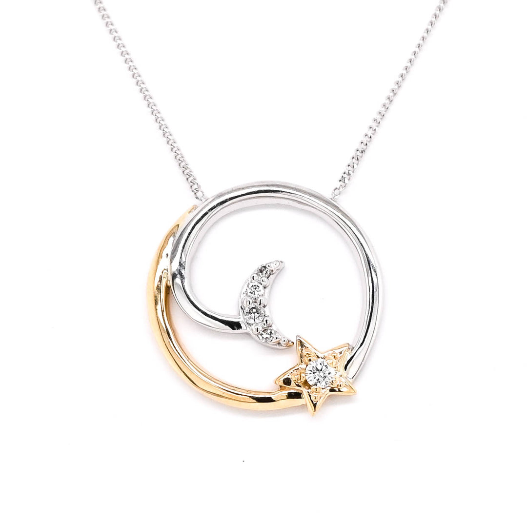 Fire & Ice 10KT White & Yellow Gold 18" 0.05CTW Canadian Diamond Moon & Star Necklace.