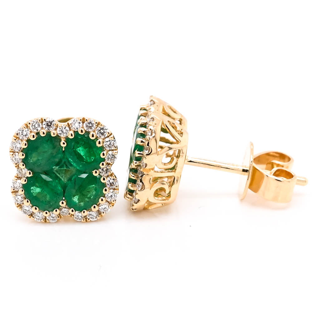 14KT Yellow Gold 1.57CTW Emerald Diamond Halo Set stud Earrings.