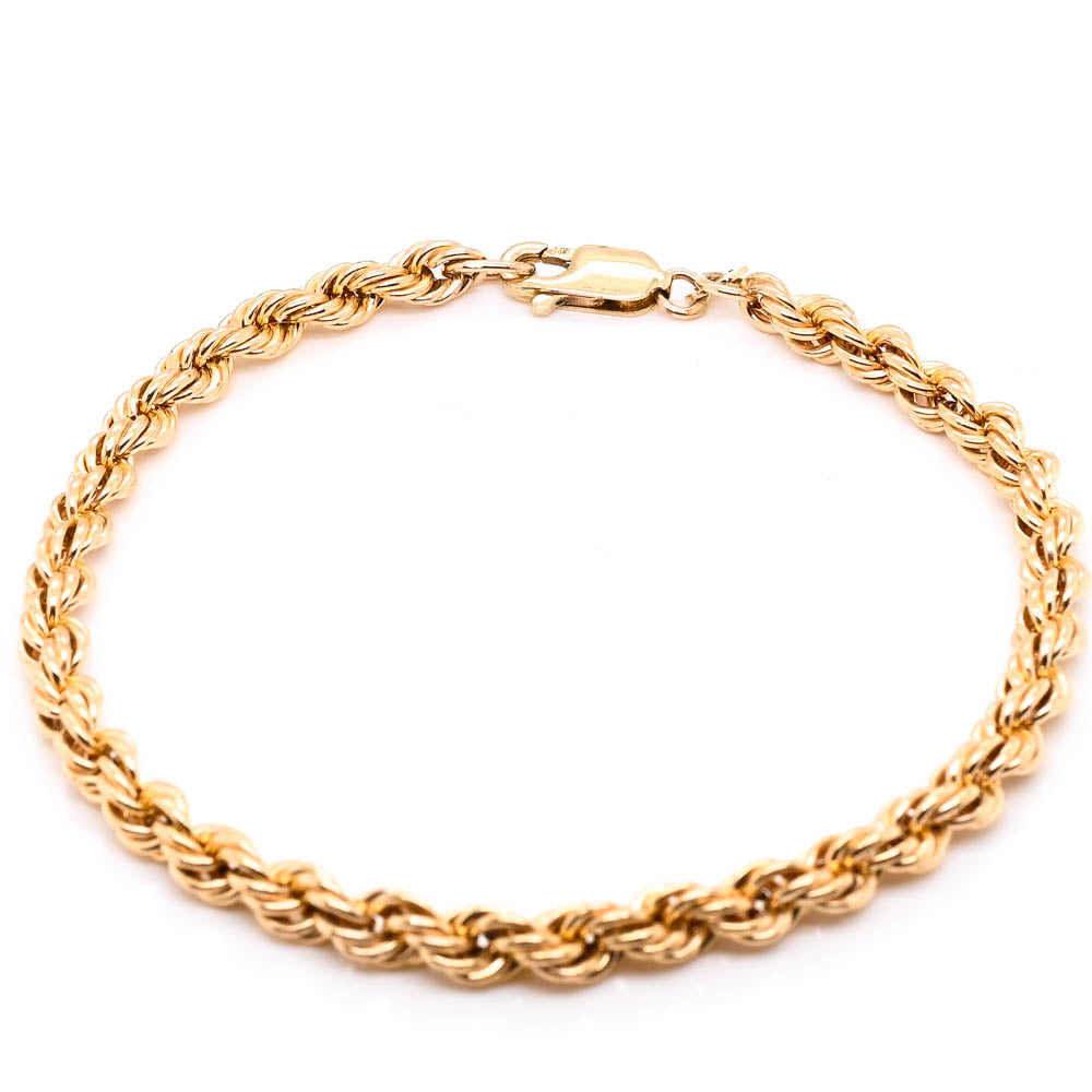 10KT Yellow Gold 7.5" 4mm Hollow Rope Chain Bracelet.