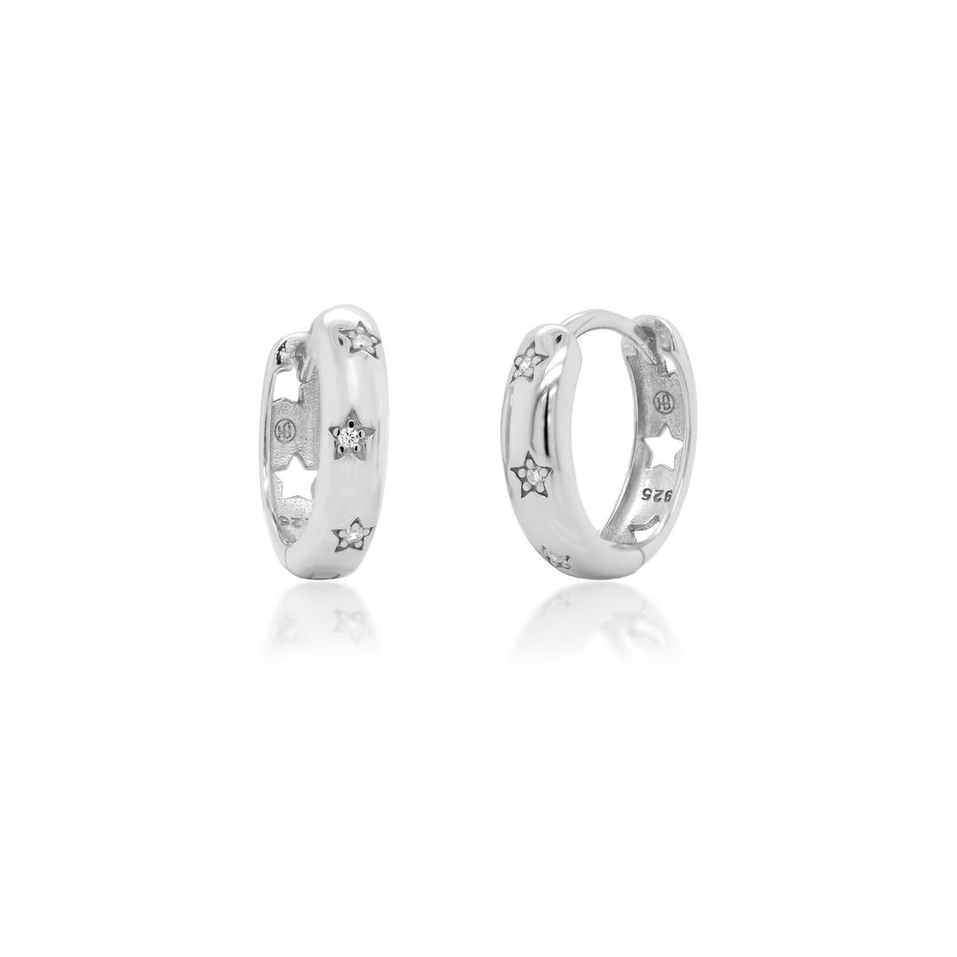 Sterking Slver 13.5mm C.Z Star Huggie Earrings.