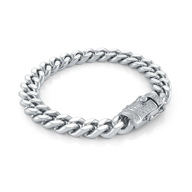 Italgem Steel 8" 10mm Cuban Link Bracelet with C.Z Box Clasp.