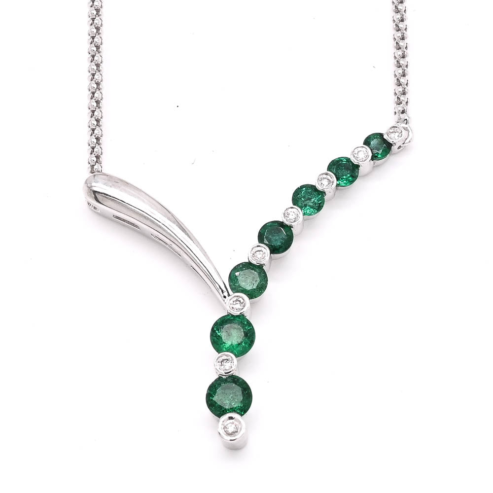 14KT White Gold 18" 0.35CTW Emerald & Diamond Chevron Necklace.