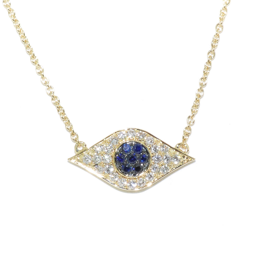 14KT Yellow Gold 7.5" Blue Sapphire and Diamond Evil Eye Bracelet.