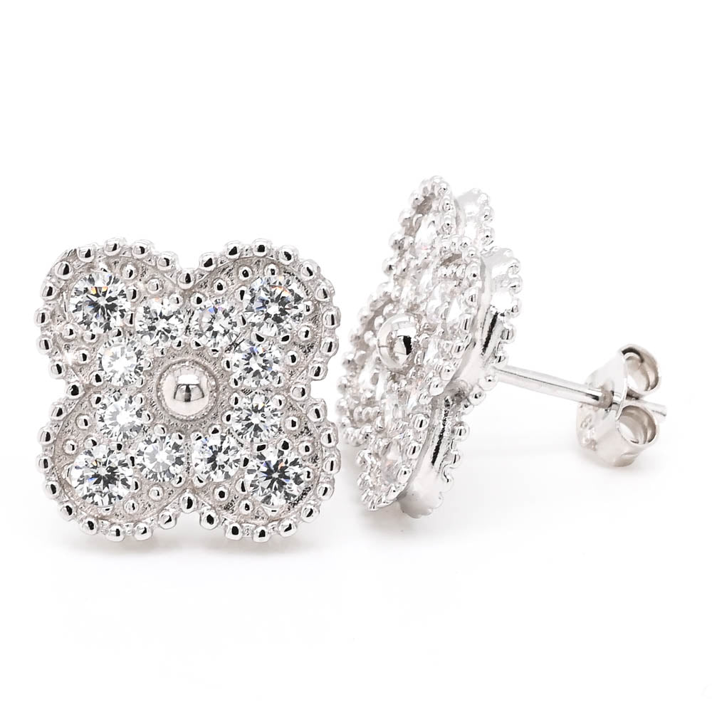 Sterling Silver Clover C.Z Stud Earrings.