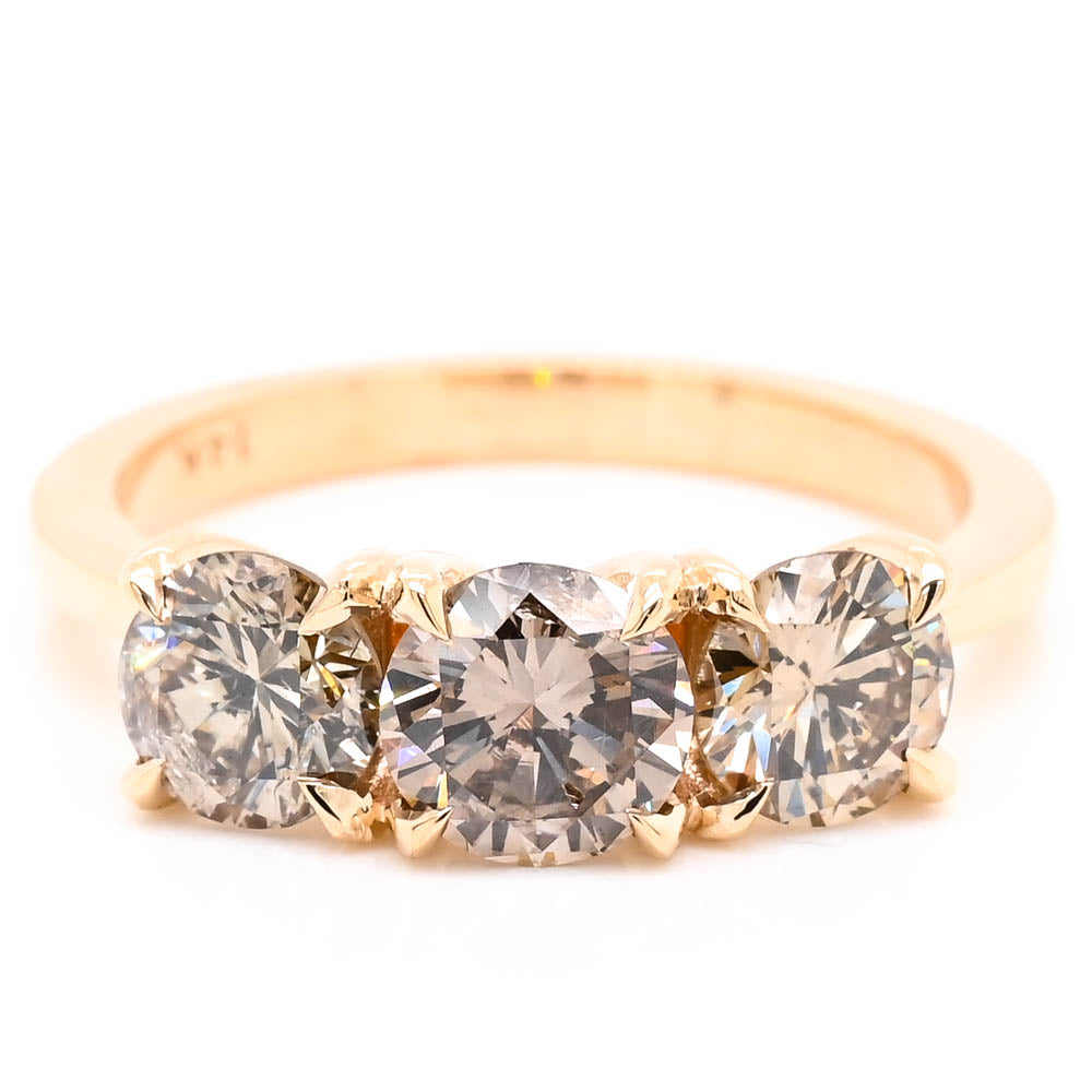 14KT Yellow Gold 1.97CTW Round Brilliant Trinity Engagement Ring.