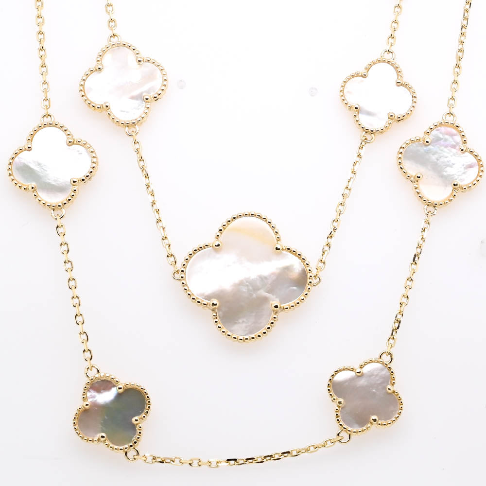 Sterling Siilver 14KT Yellow Gold Plated 36" Mother Of Pearl Multi Clover Necklace.