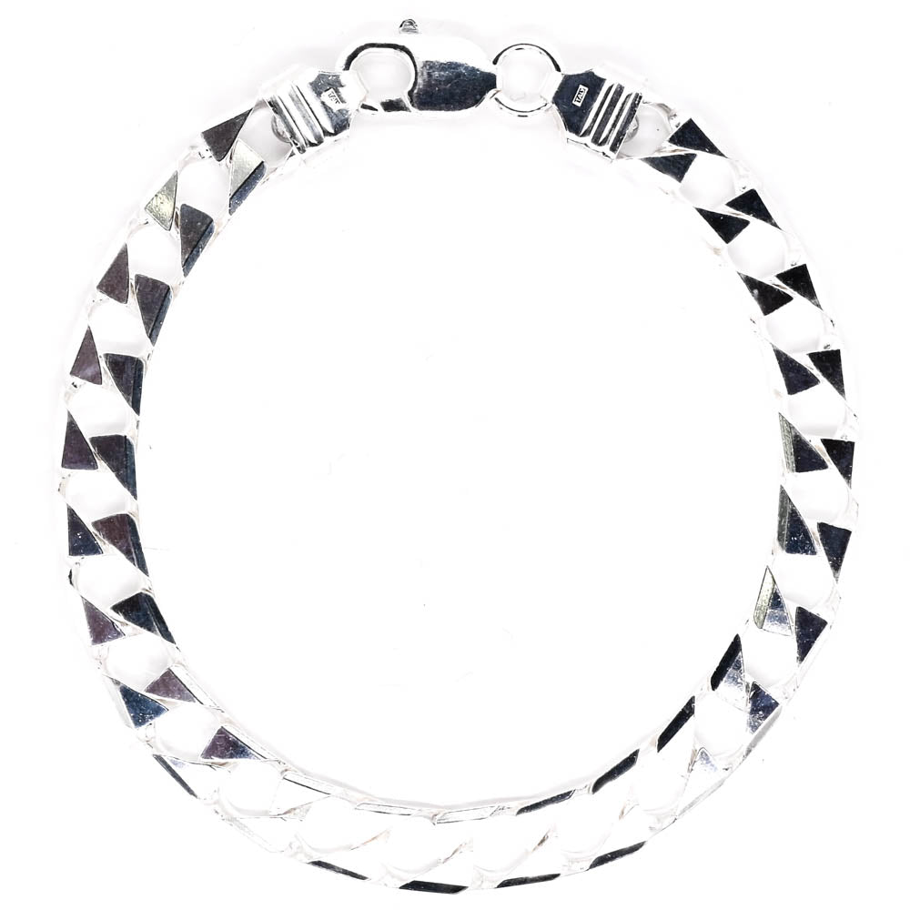 Sterling Silver 9" 7.5mm Flat Curb Link Chain Bracelet.