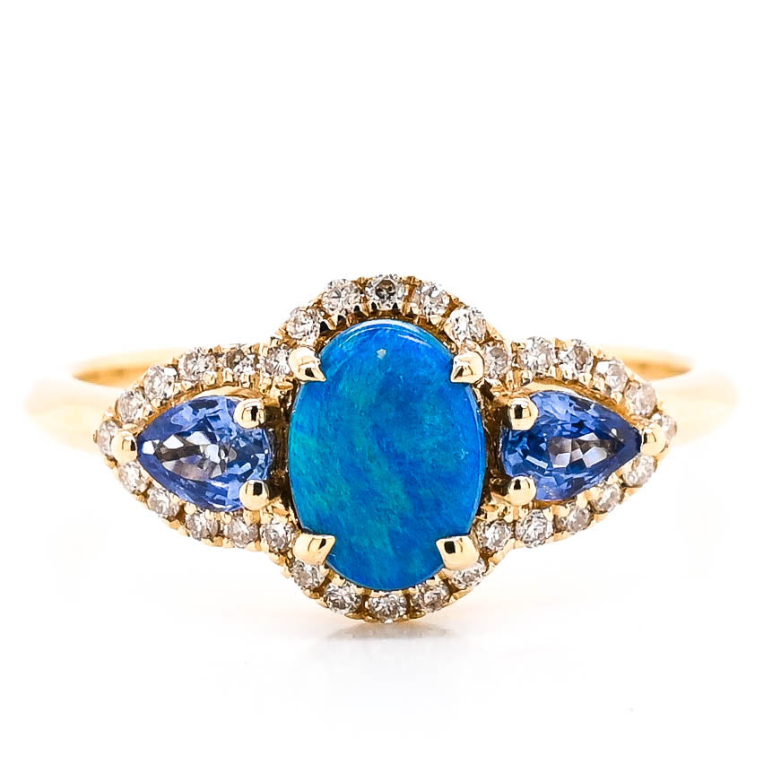 14KT Yellow Gold Black Dublet Opal Blue Sapphire and Diamond Ring.