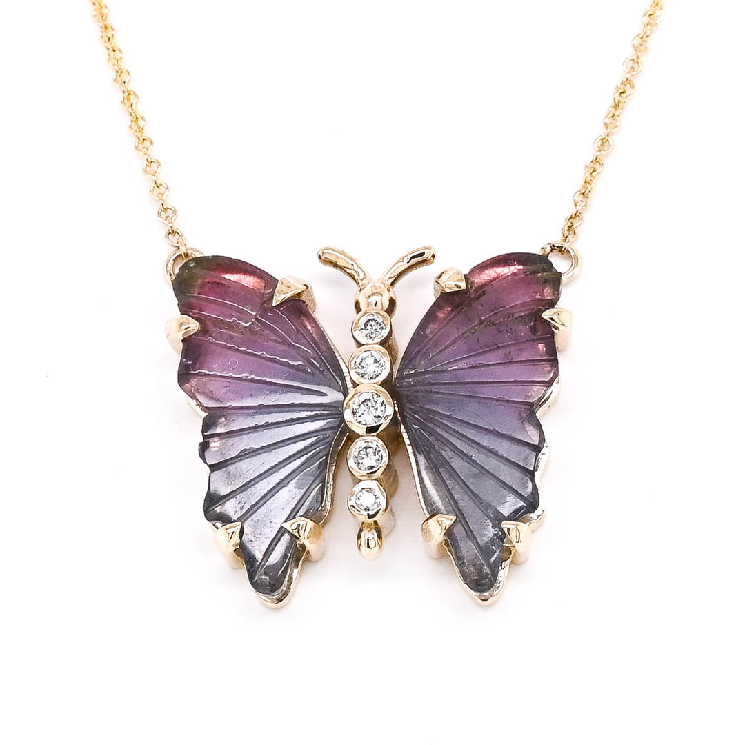 10KT Yellow Gold 18" Water Melon Tourmaline & Diamond Butterfly Necklace.