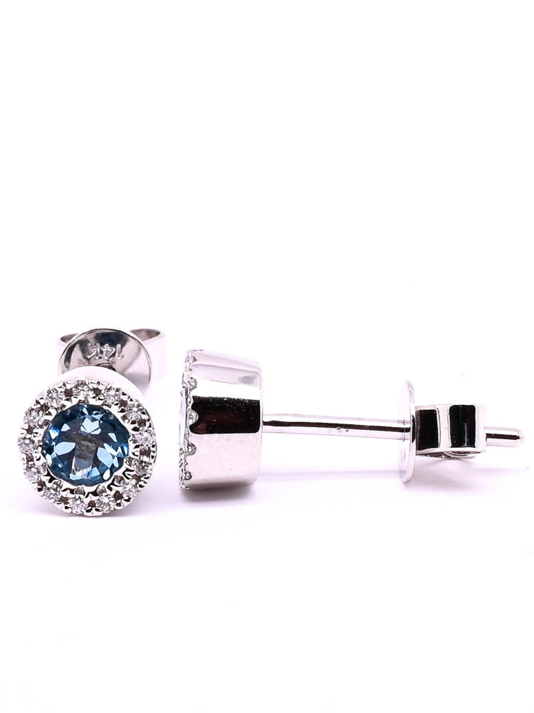 14KT White Gold Blue Topaz & Diamond Stud Earrings.