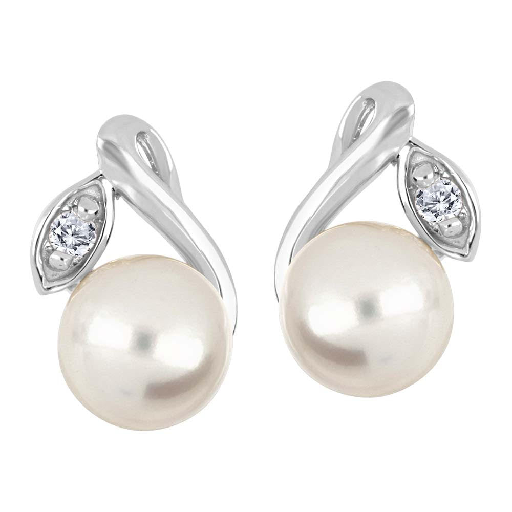 Mothers Day Promo Sterling Silver 6.5-7mm Freshwater Pear & Lab Created Diamond Stud Earrings.