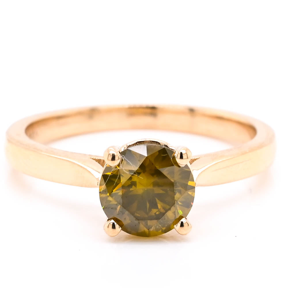 14KT Yellow Gold 1.27CT Round Brilliant Enhanced Yellow Diamond Solitaire Engagement Ring.