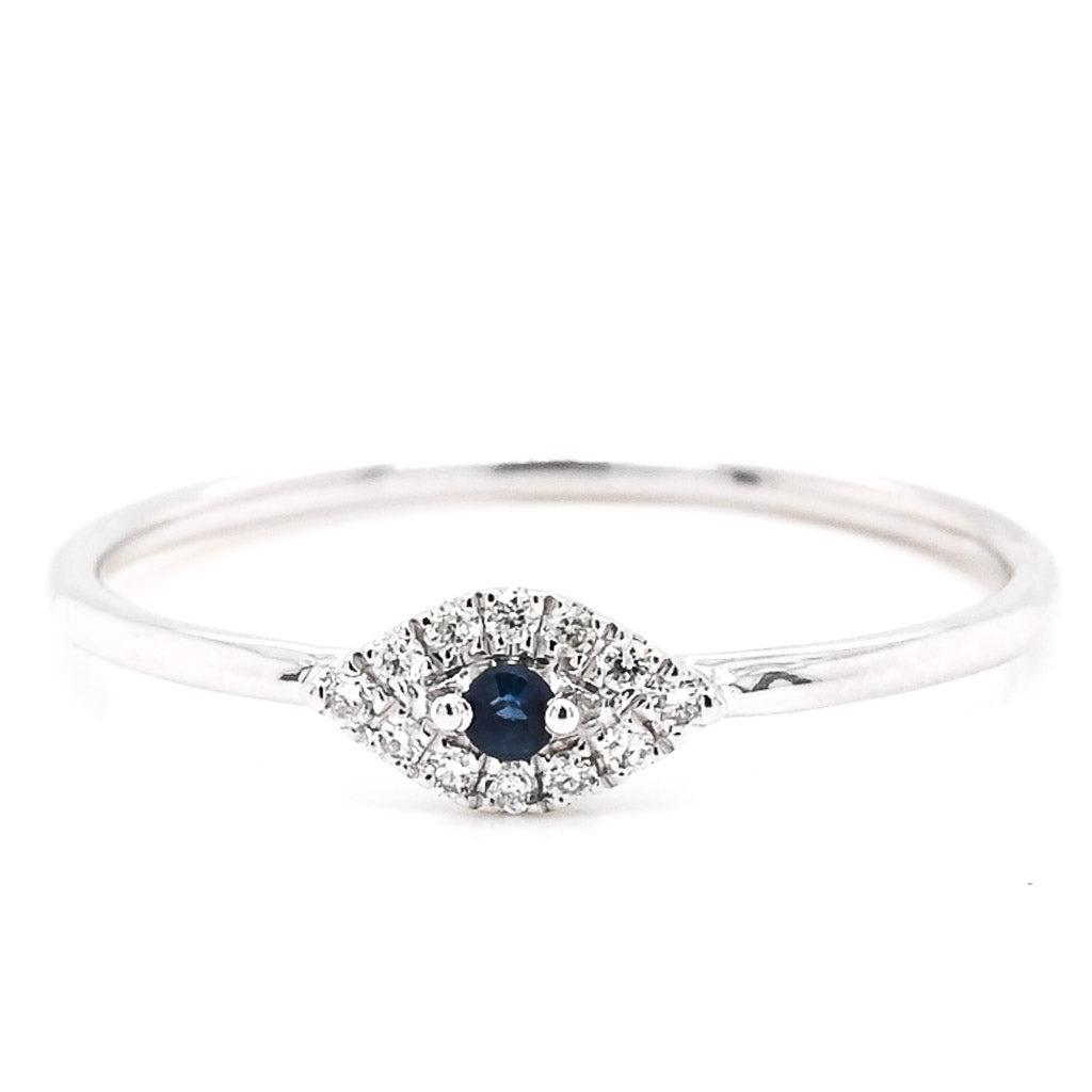 14KT White Gold 0.05CT Round Blue Sapphire & Diamond Evileye Ring.