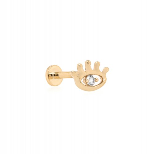 14K Yellow Gold CZ Evil Eye Cartilage Flat Screwback Single Stud Earring.