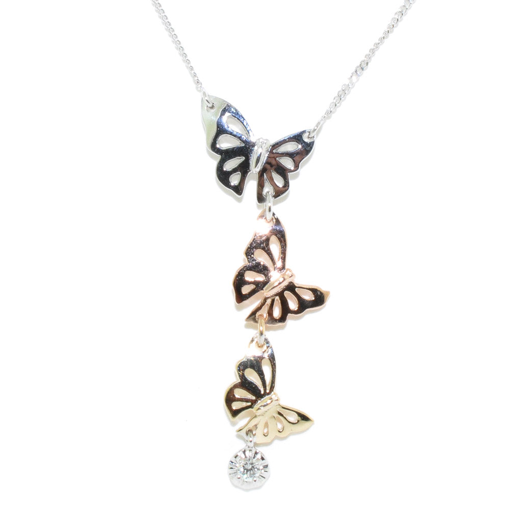 Fire and Ice 10KT Tri Gold 18" 0.028CT Canadian Diamond Butterfly Necklace.