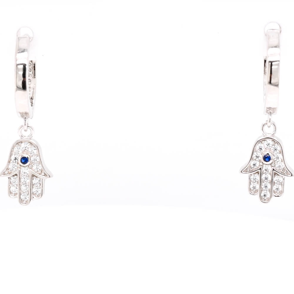 Sterling Silver C.Z Drop Hamsa Earrings.