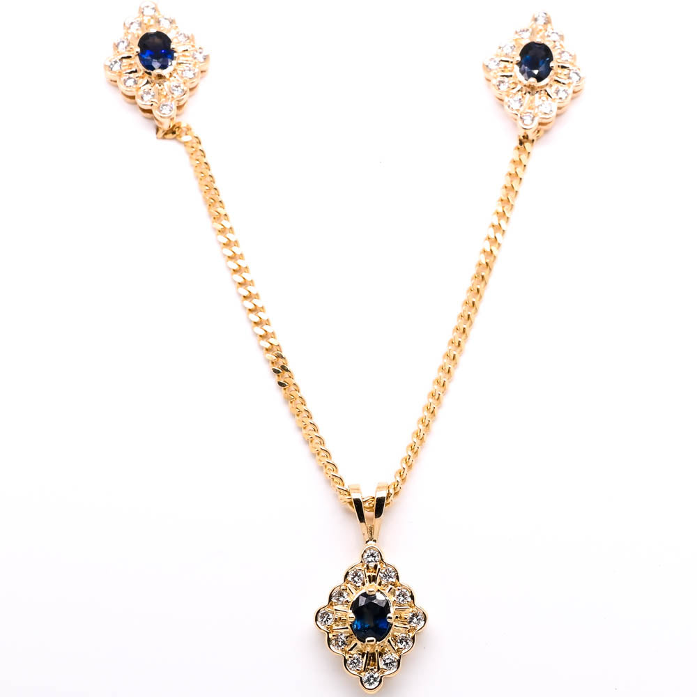 14KT Yellow Gold 18" Blue Sapphire & Diamond Cluster Necklace & Earrings Set.